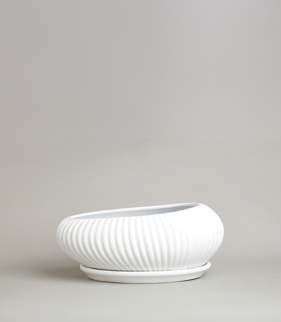 Modern white ceramic bowl-shaped vase with a ribbed design and a low, wide profile, perfect for contemporary home decor, against a neutral background.