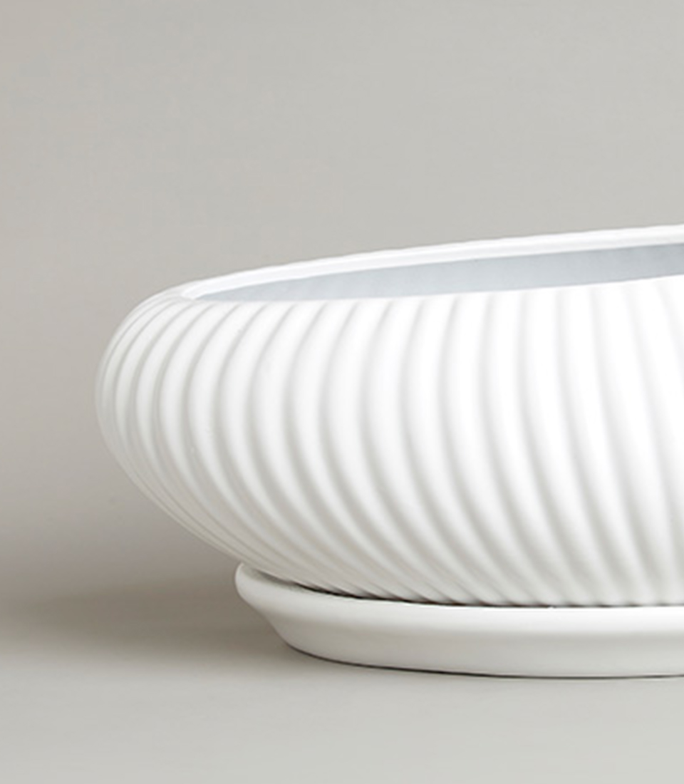 Close-up view of a white ceramic vase with a ribbed texture.