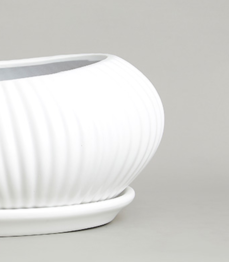 Close-up view of a white ceramic vase with a ribbed texture.