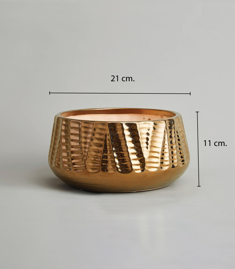 Wide round metallic bronze textured ceramic vase with dimensions labeled.