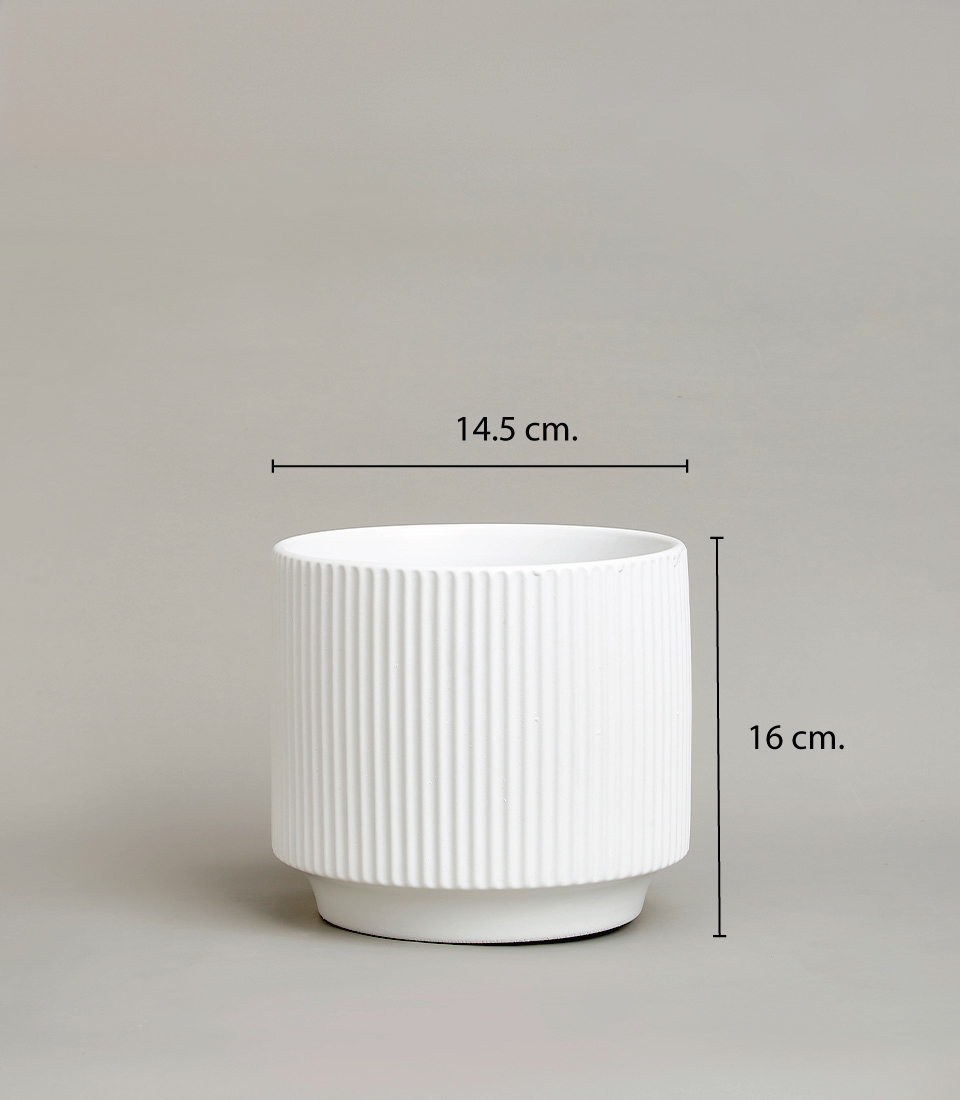 White ribbed ceramic vase with a modern design against a neutral background with dimensions 14.5 cm in diameter and 16 cm in height.