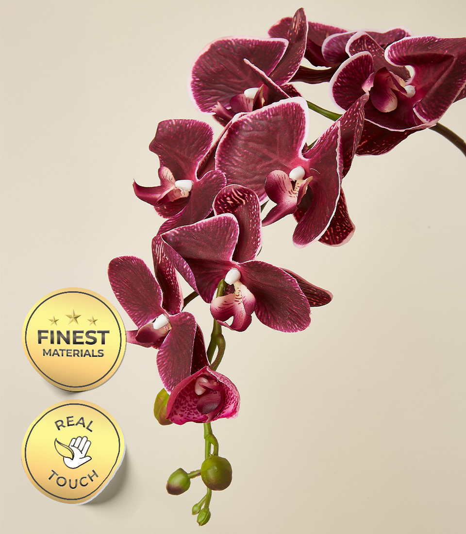 Close-up of Real Touch Burgundy Orchid, Highlighting Finest Materials Quality