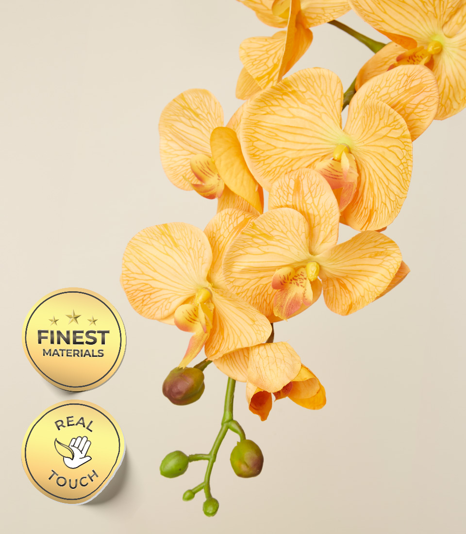Close-up view of an elegant yellow artificial orchid with real touch petals, showcasing the finest materials used, alongside a quality and touch assurance badge.