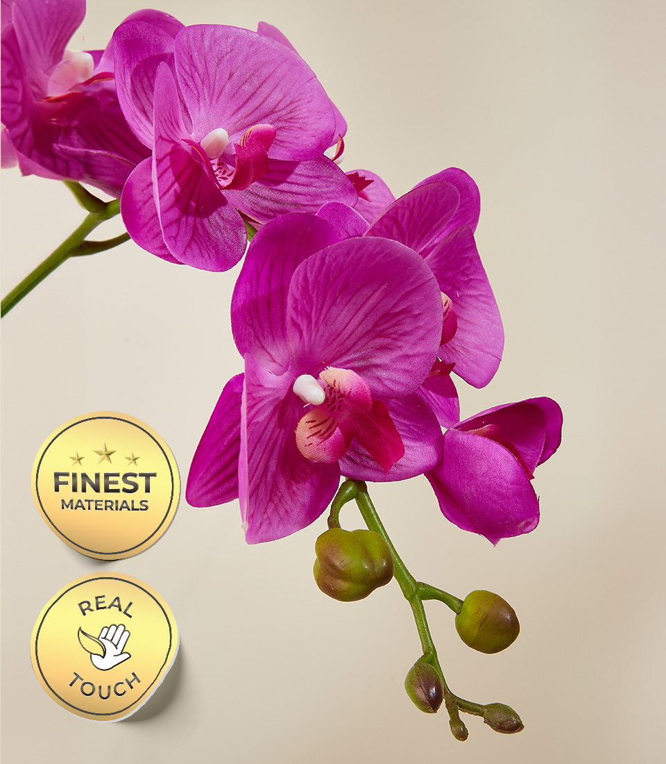Close-up of artificial vibrant pink orchid flowers with realistic textures, featuring labels for 