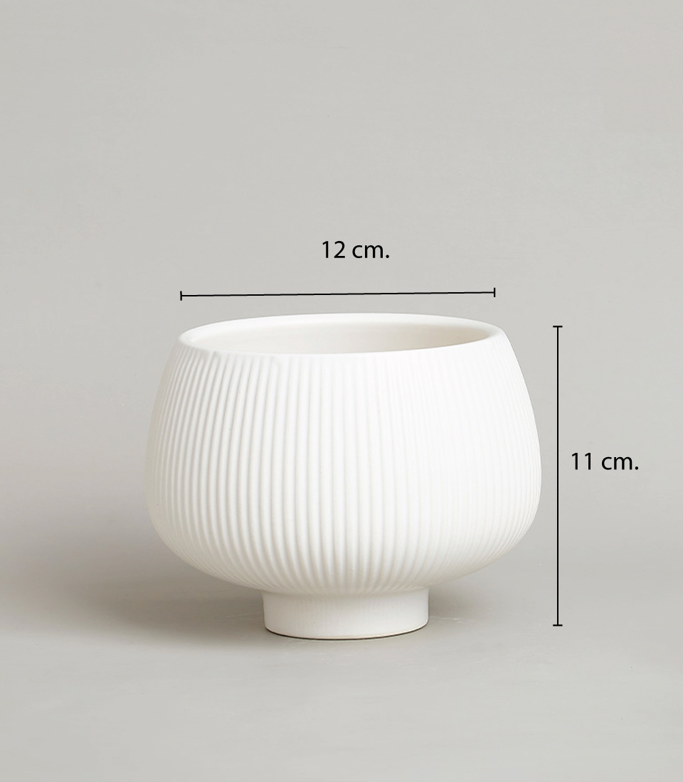 White ceramic pot with ribbed texture, 12 cm in diameter and 11 cm in height.