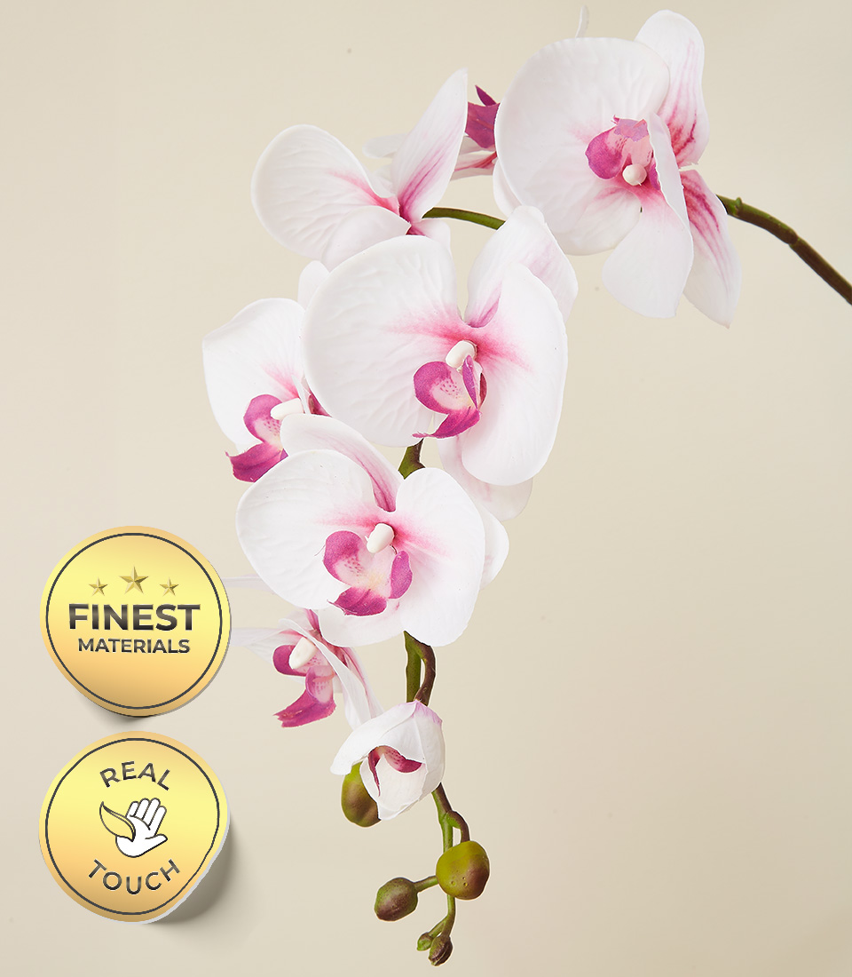 Close-up of a white Real Touch orchid flower with pink accents and green buds, showcasing the finest materials and realistic texture.