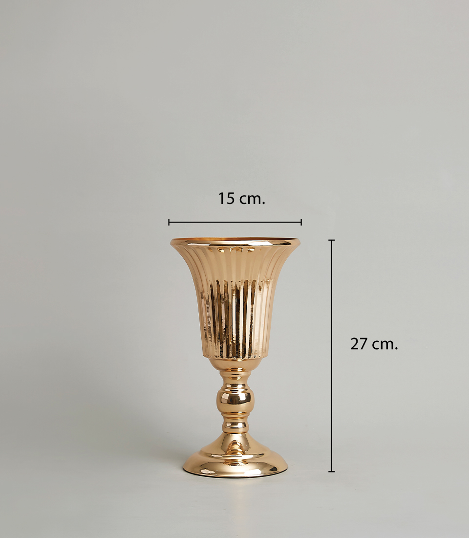 Elegant gold-plated stainless steel vase with a fluted design, measuring 27 cm in height and 15 cm in diameter, on a light grey background.