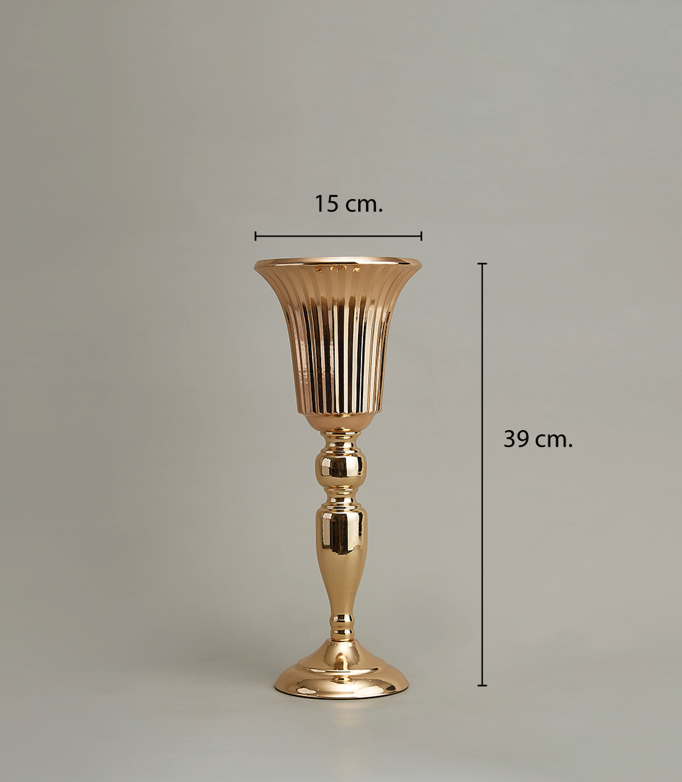 Elegant gold-plated stainless steel vase with a tall profile and fluted design, measuring 39 cm in height and 15 cm in diameter on a light grey background.