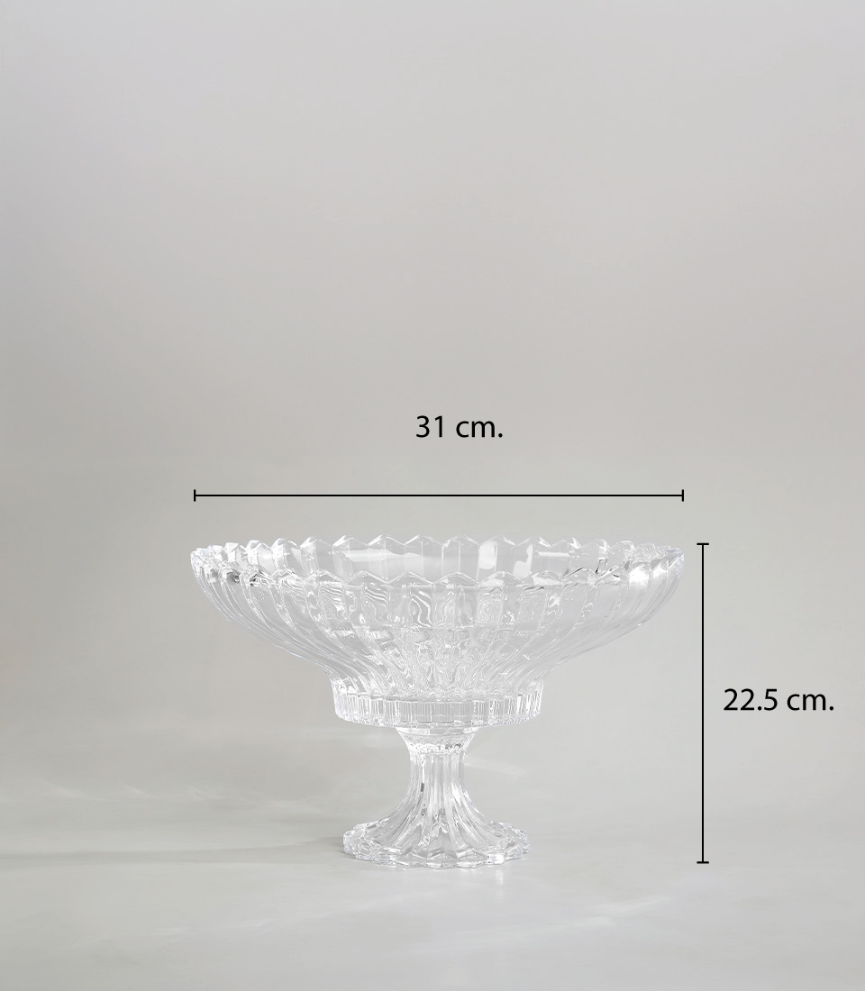 Elegant mirrored glass vase with reflective surface and intricate design, 22.5 cm. tall and 31 cm. wide, on a light grey background.
