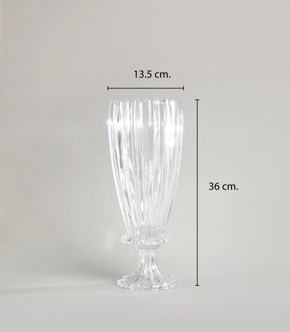 Tall crystal glass mirror vase with intricate faceted design, 36 cm. tall and 13.5 cm. wide, on a white background.