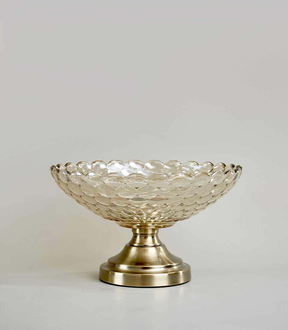Elegant crystal mirror vase with a textured design and a polished metal base on a white background.