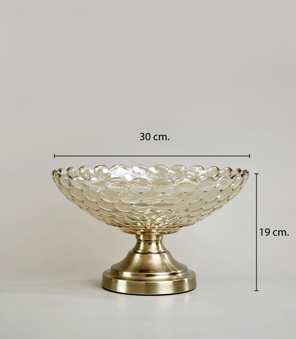 Elegant crystal mirror vase with a textured design and a polished metal base, 19 cm. tall and 30 cm. wide on a white background.