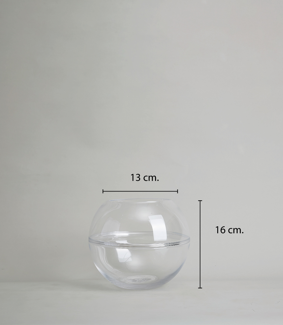 Clear glass bubble vase with dimensions of 13 cm diameter and 16 cm height, on a white background.