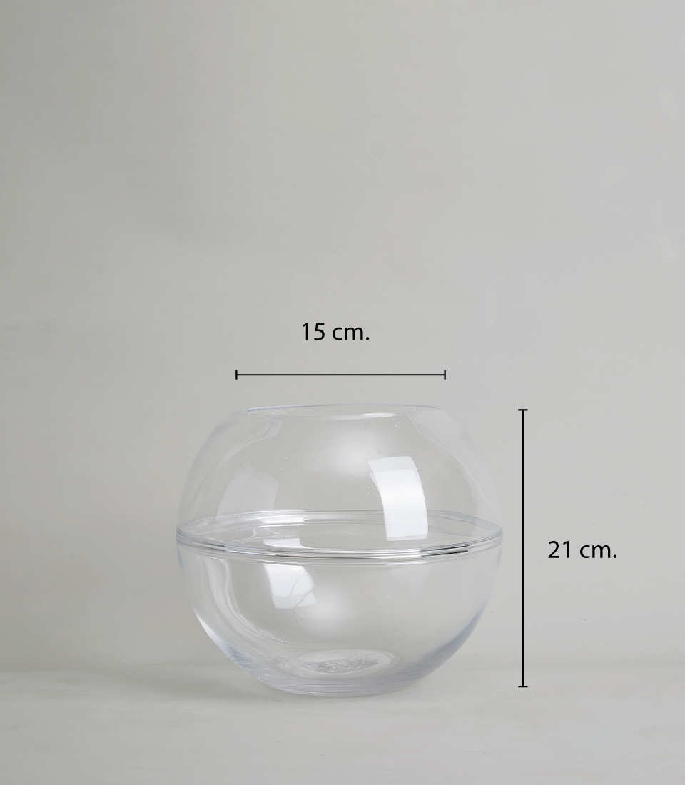 Clear glass bubble vase with dimensions of 15 cm diameter and 21 cm height, on a white background.