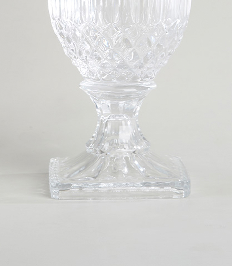 Tall Crystal Vase with Diamond and Vertical Stripe Pattern on Pedestal Base