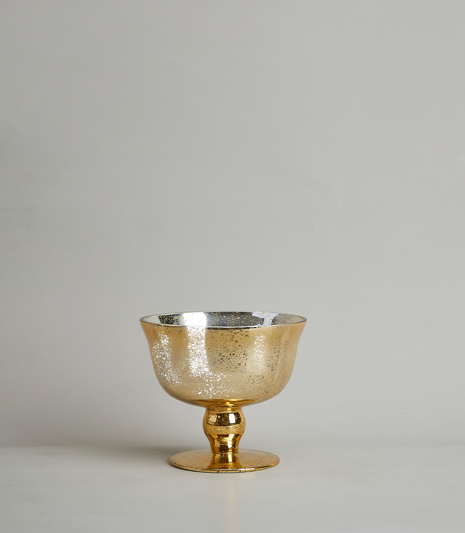 Gold Mirror Pedestal Vase with Reflective Finish, on a light gray background.