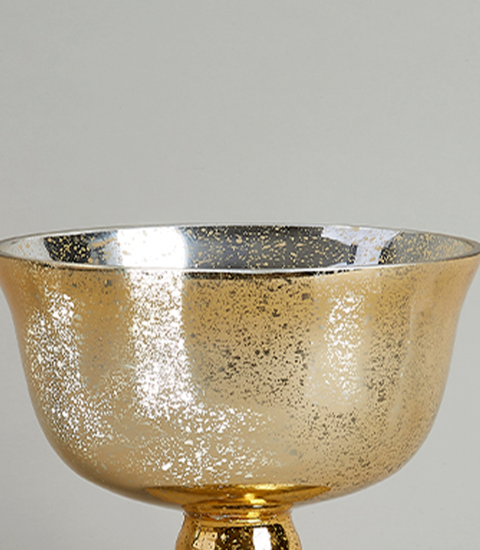 Close-up view of Gold Mirror Pedestal Vase with Reflective Finish, on a light gray background.