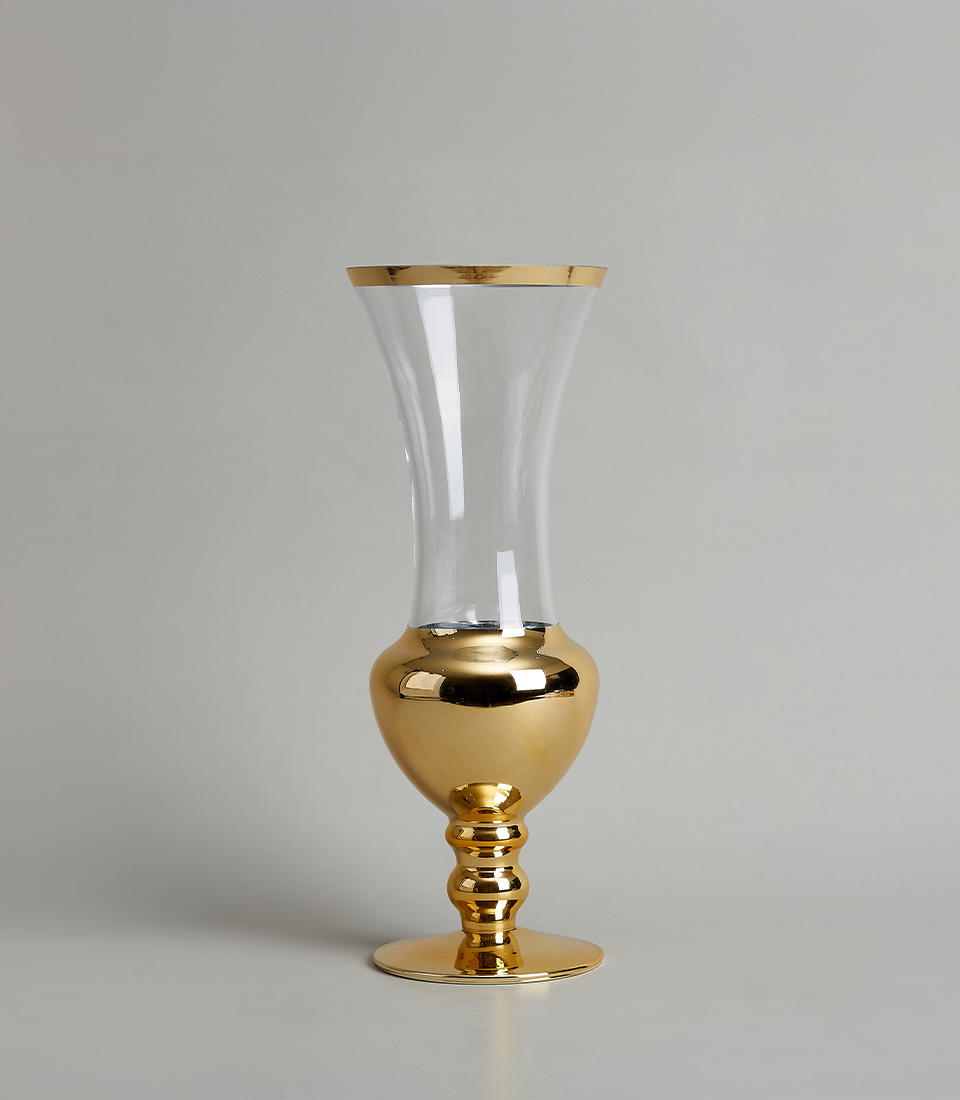 Elegant Gold Trim Glass Vase with Reflective Finish, on a light gray background.