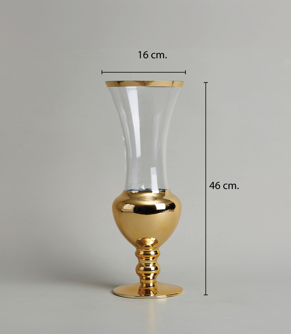 Elegant Gold Trim Glass Vase with Reflective Finish, on a light gray background, 16 cm Diameter and 46 cm Height.