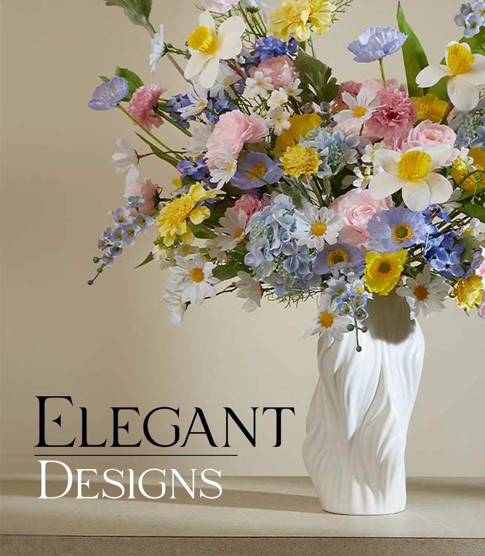 Artificial flower arrangement with pastel-colored daisies, roses, and hydrangeas in a sleek white vase, displayed on a beige background with text 