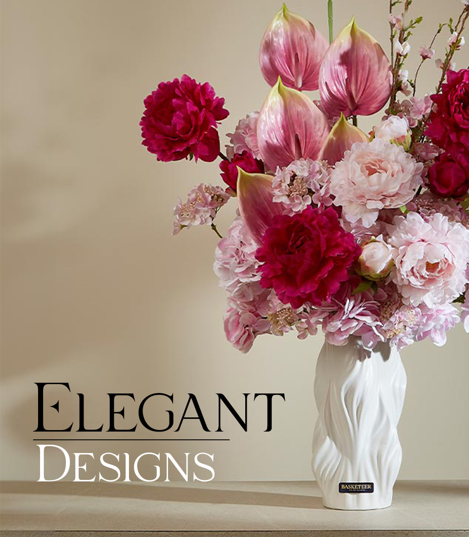 Artificial flower arrangement in a white wave-design vase, featuring vibrant pink and deep burgundy blossoms with text 