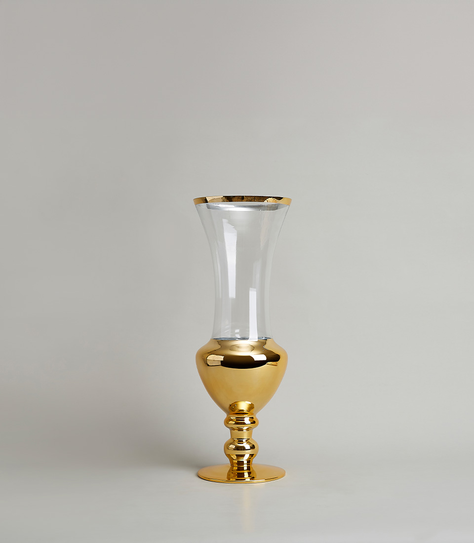 Elegant Gold Trim Glass Vase with Reflective Finish, on a light gray background.