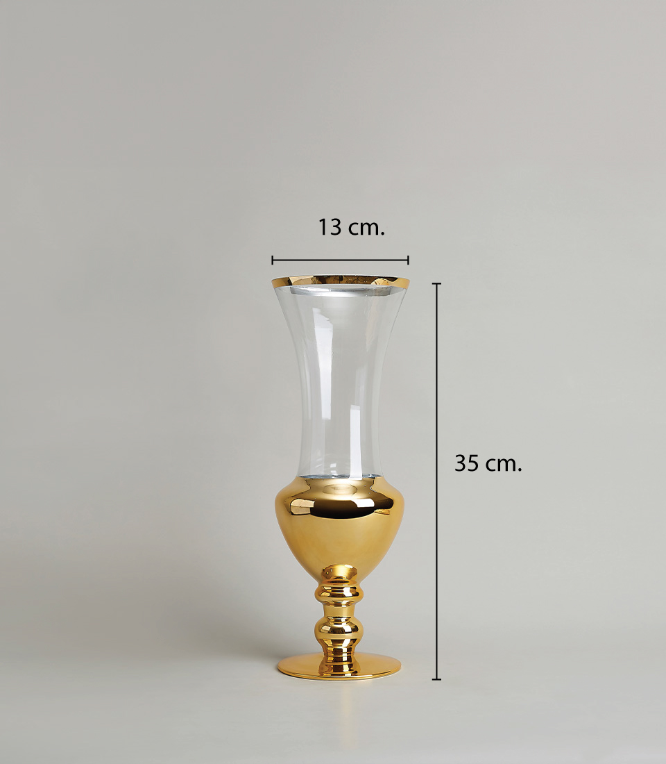 Elegant Gold Trim Glass Vase with Reflective Finish, on a light gray background, 13 cm Diameter and 35 cm Height.