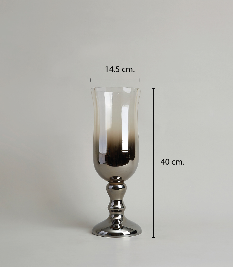 Elegant tall glass vase with metallic ombre finish, dimensions 14.5 cm by 40 cm.