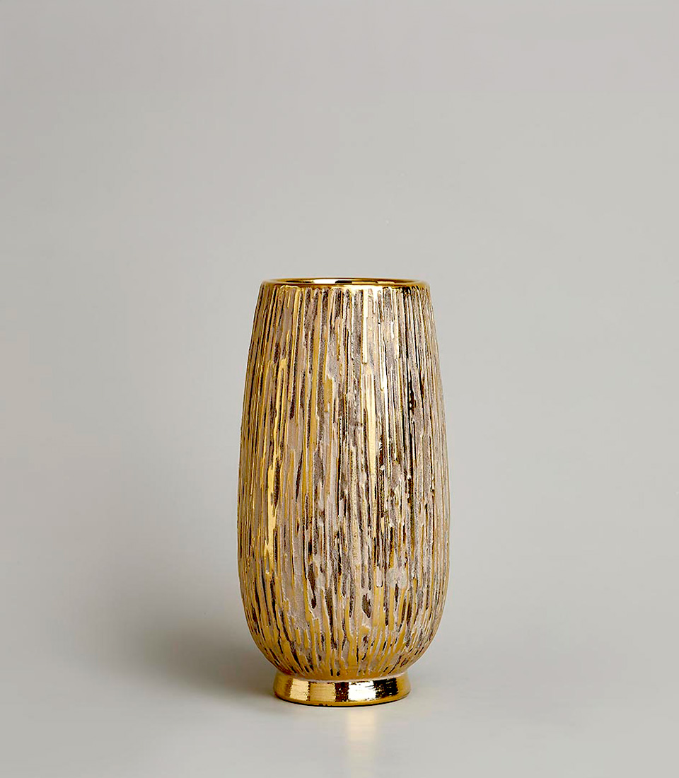 Elegant gold textured vase with a sleek design on a light gray background.