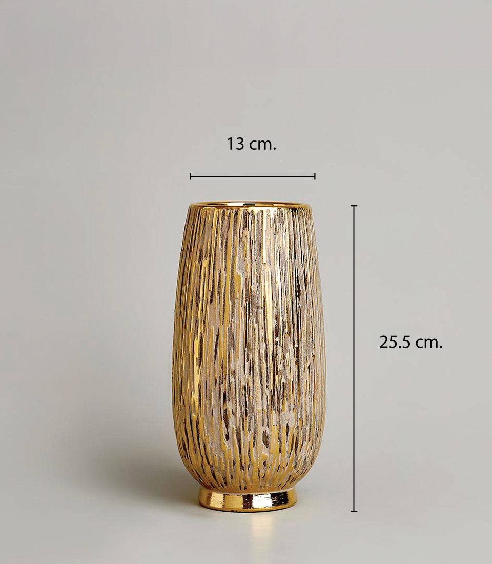 Elegant gold textured vase with a sleek design on a light gray background, dimensions 13 cm by 25.5 cm.
