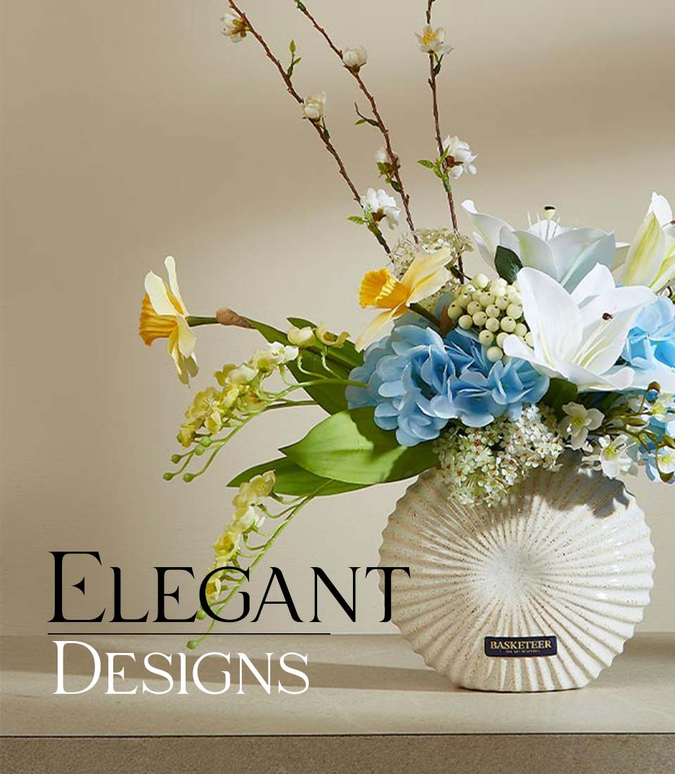 Close-up of artificial flower arrangement with white lilies, blue hydrangeas, and yellow daffodils in a white ceramic vase and 