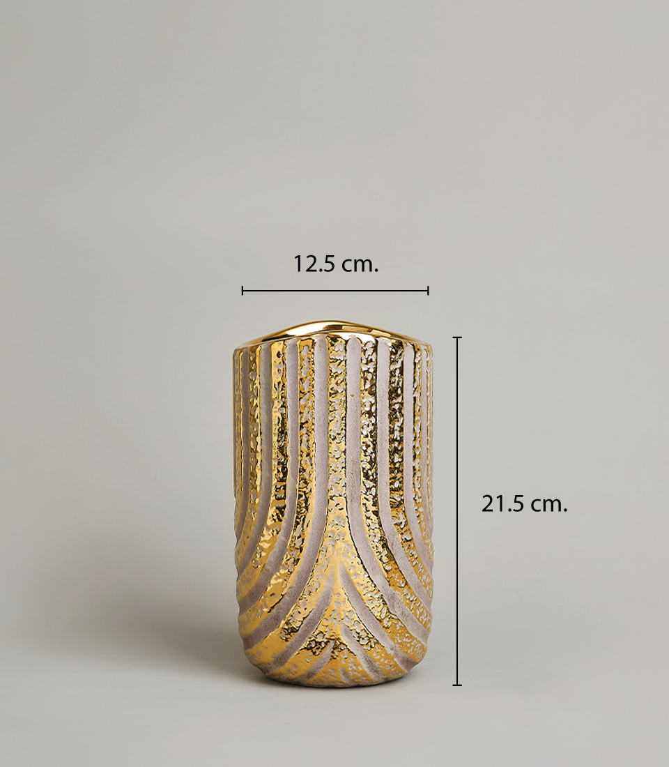 Gold Textured Vase with Vertical Patterns and Dimensions of 12.5 cm. Width and 21.5 cm. Height.