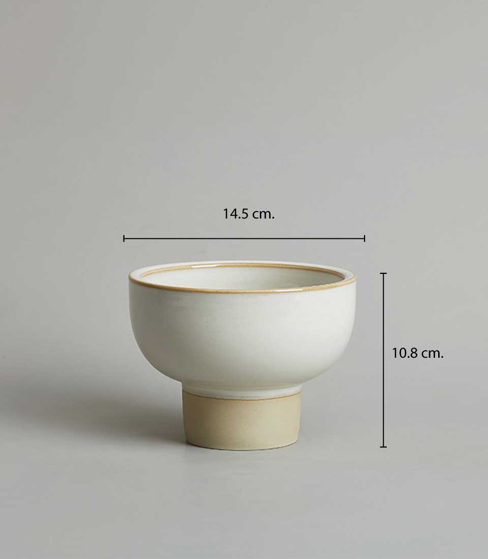 Minimalist white ceramic pedestal bowl vase with dimensions 14.5 cm width and 10.8 cm height.