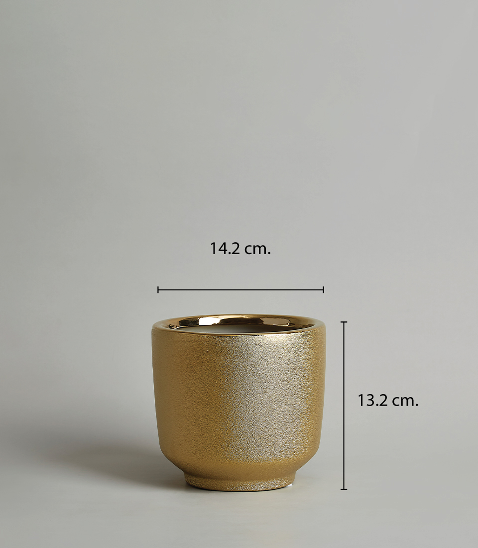 Elegant gold ceramic vase with a shimmering finish, measuring 14.2 cm in width and 13.2 cm in height.