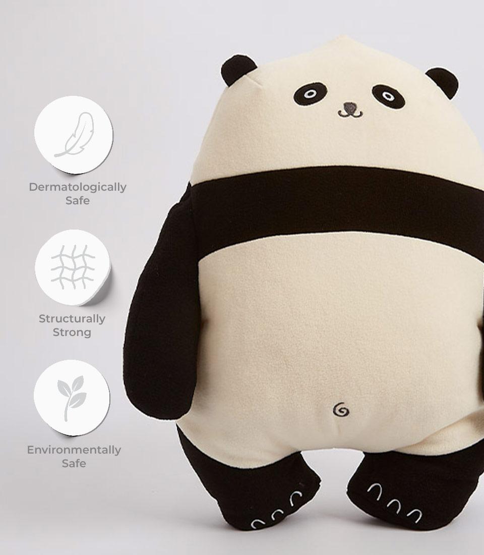 A cute plush panda stuffed toy with a white body and black arms, legs, and ears. The panda has a simple, adorable face with round black eyes, a small nose, and a gentle smile, on a white background. Next to the soft toy are three circular icons with text: 