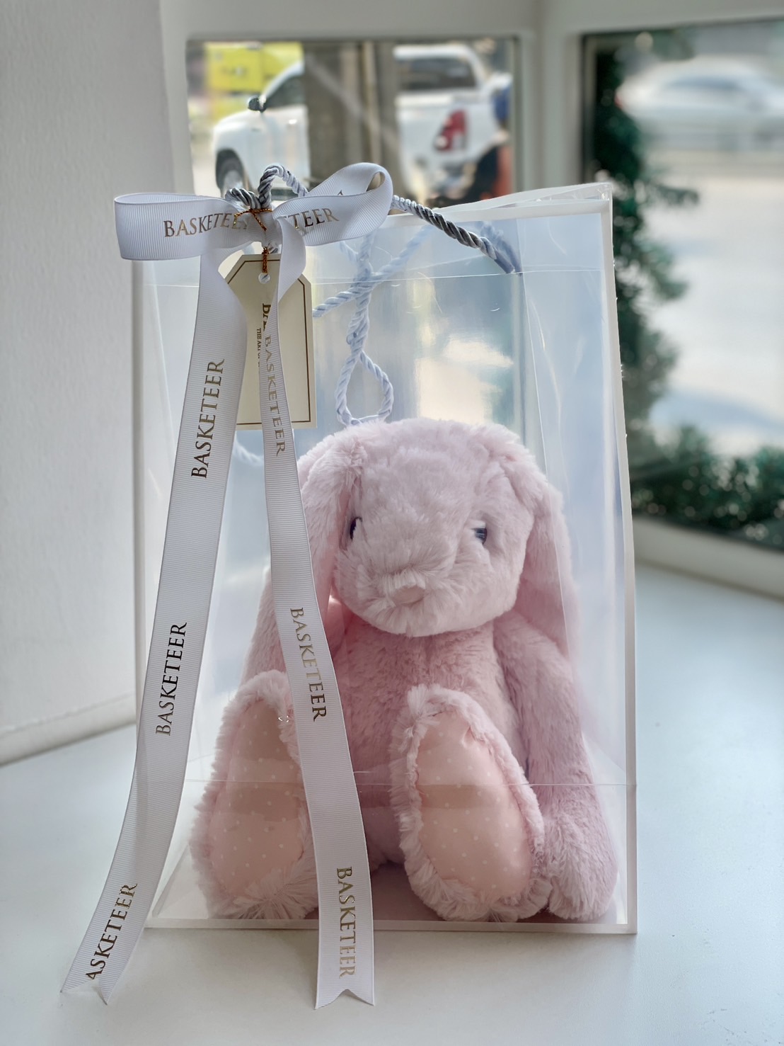 Soft pink plush bunny toy with floppy ears and dotted paws, beautifully packed in a transparent gift bag with a white Basketeer ribbon.