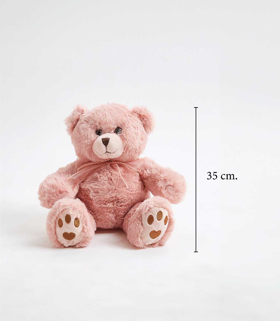 A pink teddy bear is sitting and facing forward with its right paw raised slightly. Beside the bear are three circular icons depicting a feather (Dermatologically Safe), a grid pattern (Structurally Strong), and a leaf (Environmentally Safe).