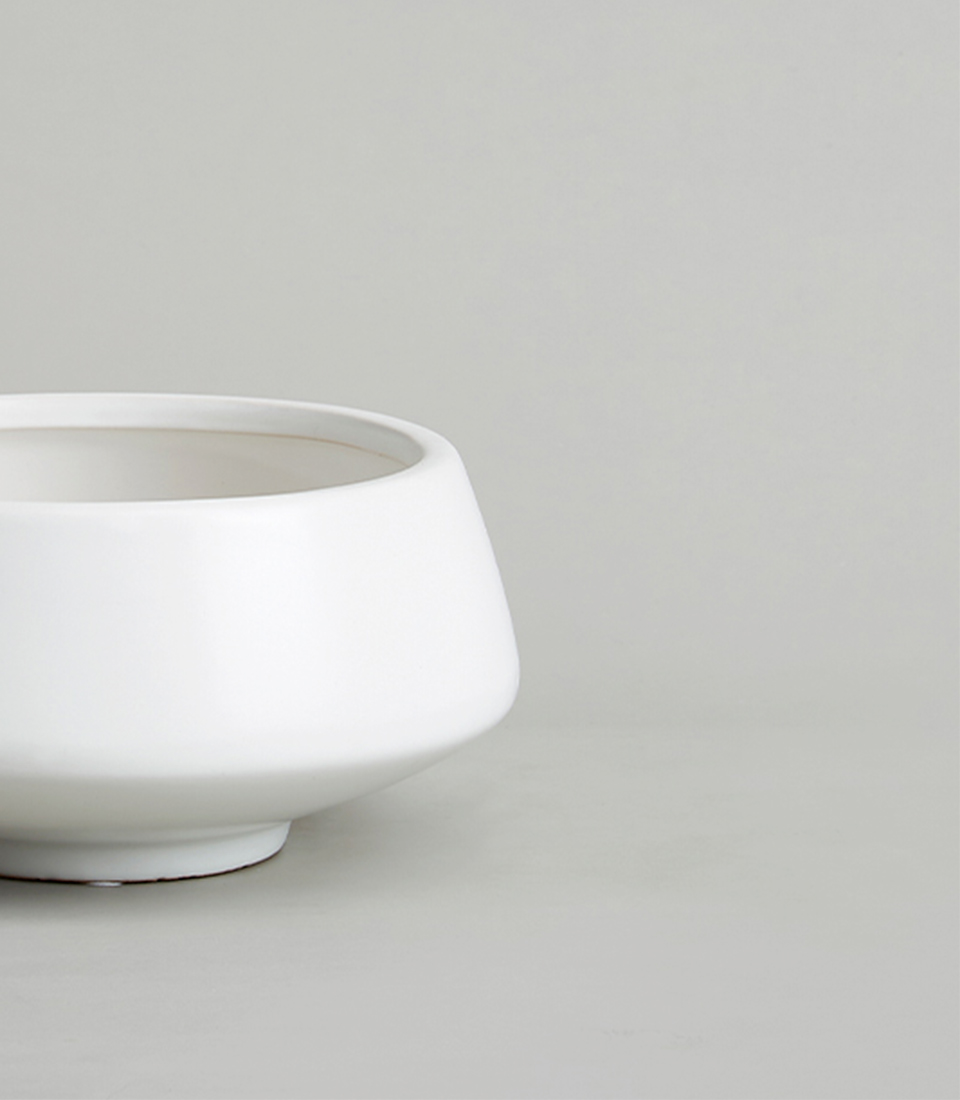 Close-up of a modern white ceramic bowl-shaped vase on a light gray background.