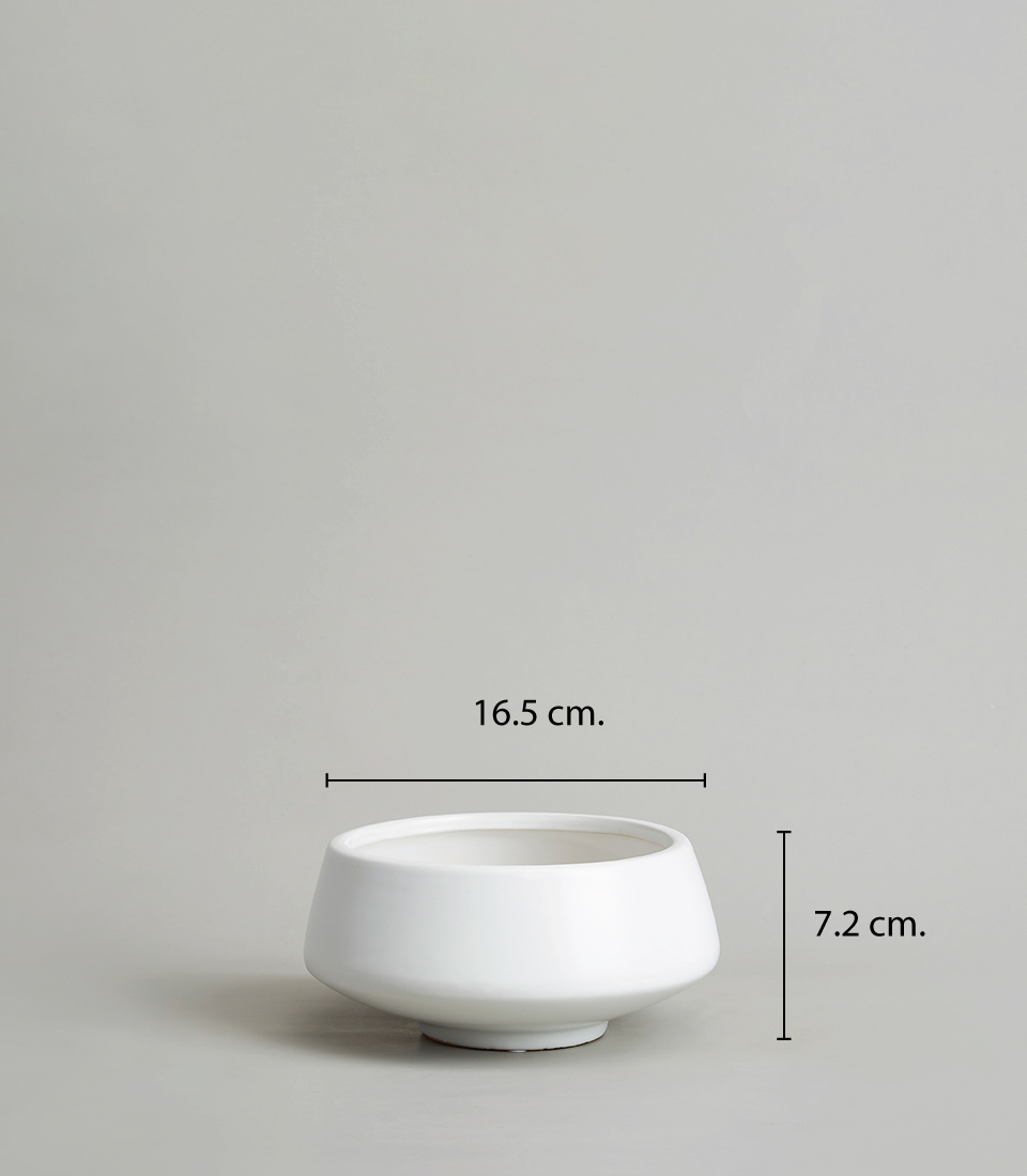Modern white ceramic bowl-shaped vase with dimensions 16.5 cm in width and 7.2 cm in height.