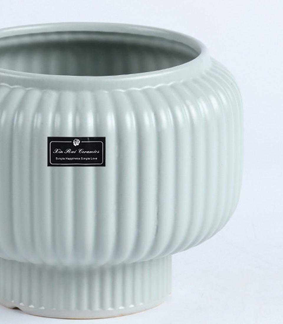 Close-up of a light green ribbed ceramic vase with elevated base.