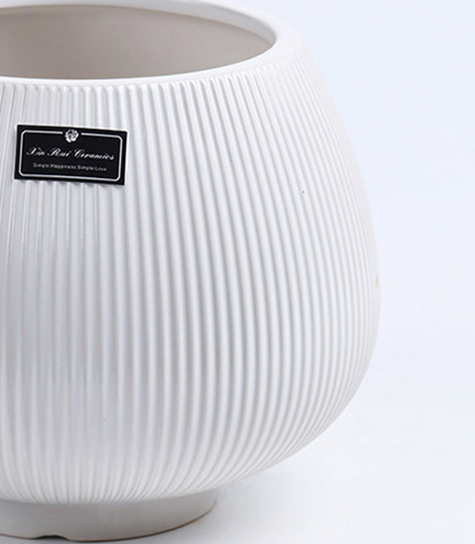 Close-up of a white ribbed ceramic vase with a rounded design.