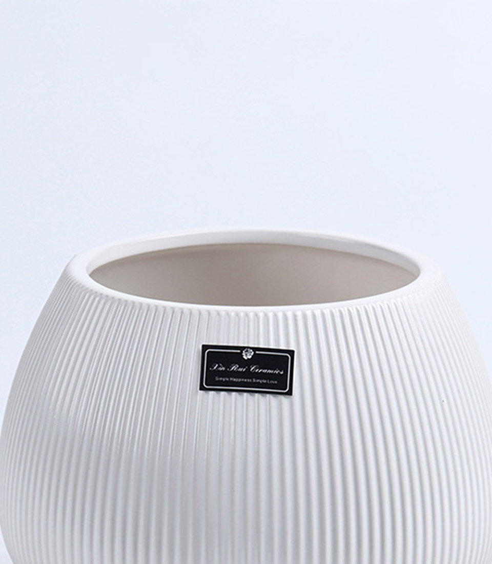 Close-up of a white ribbed ceramic vase with a rounded design.