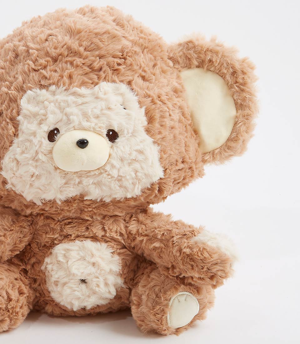 Close-up of a cuddly brown teddy bear plush toy with a cute, round face and soft, fluffy fur, showcasing its adorable features and plush texture