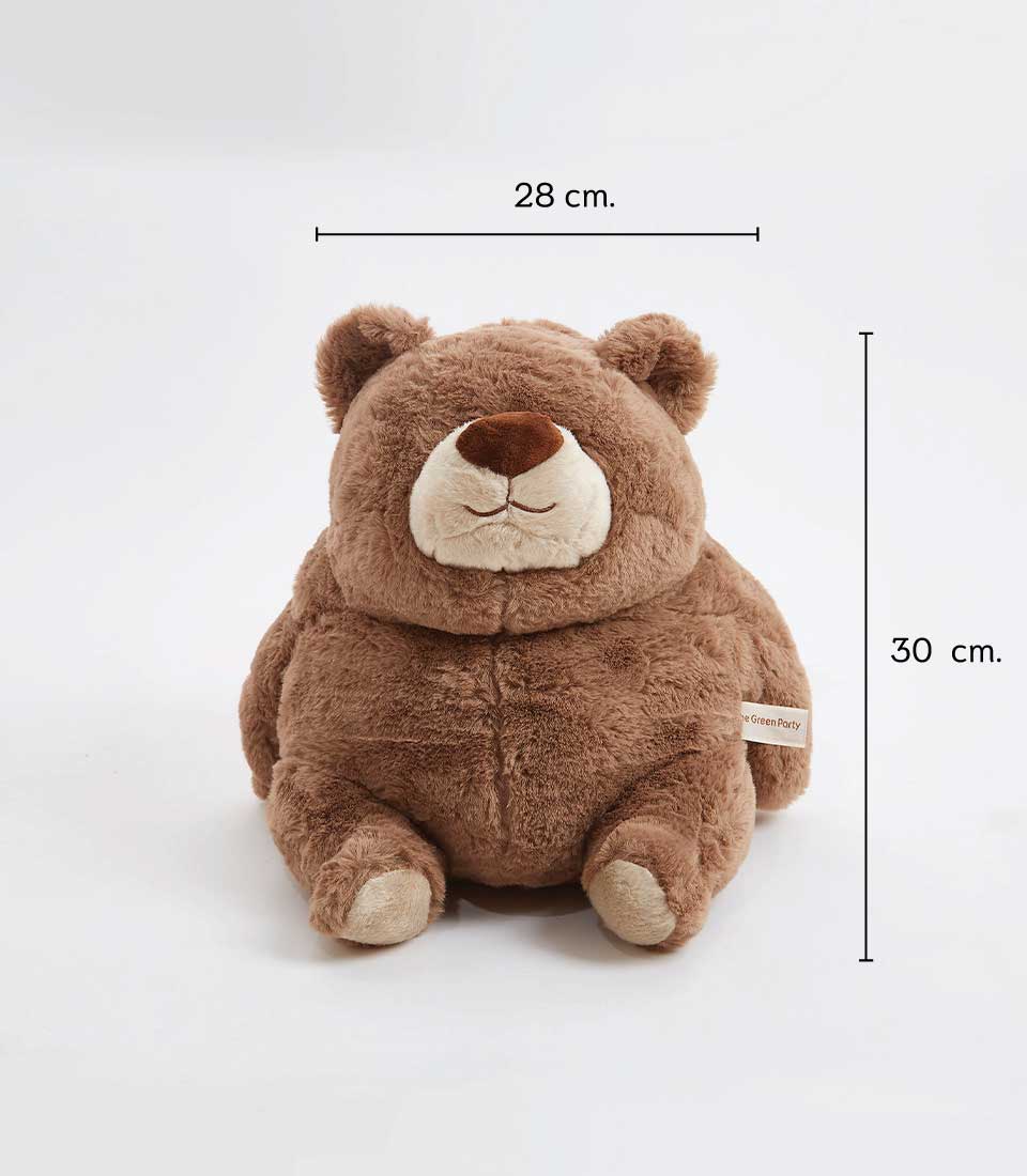 Brown bear plush toy with dimensions 28 cm wide and 30 cm tall