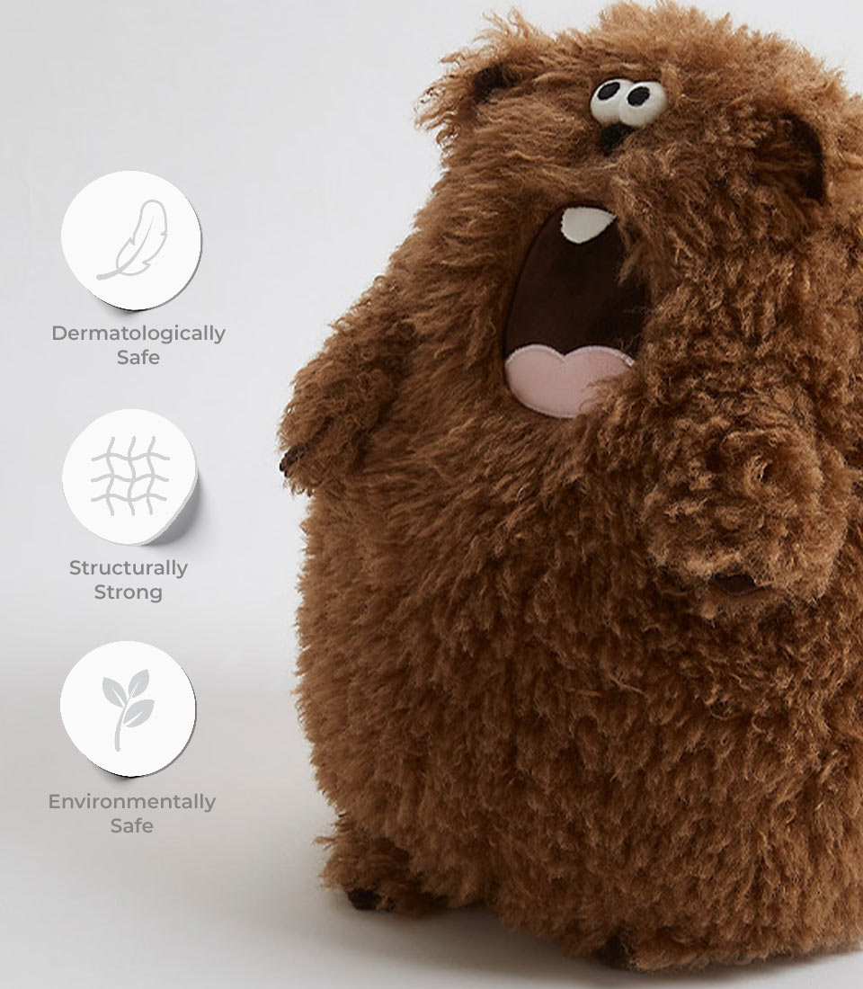 shaggy brown bear plush toy with an open mouth and white eyes, showcasing its dermatologically safe, structurally strong, and environmentally safe features