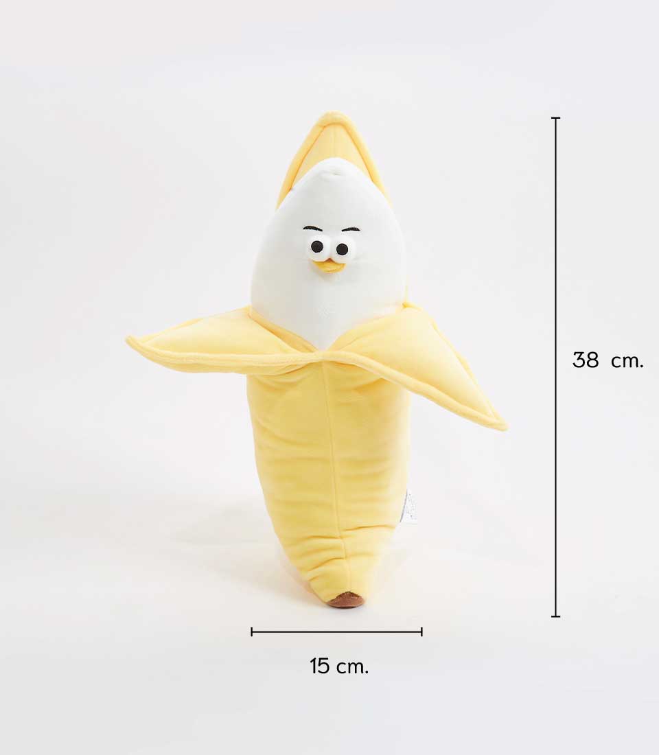Cute plush banana toy with a friendly face, measuring 38 cm in height and 15 cm in width, featuring dermatologically safe, structurally strong, and environmentally safe materials.