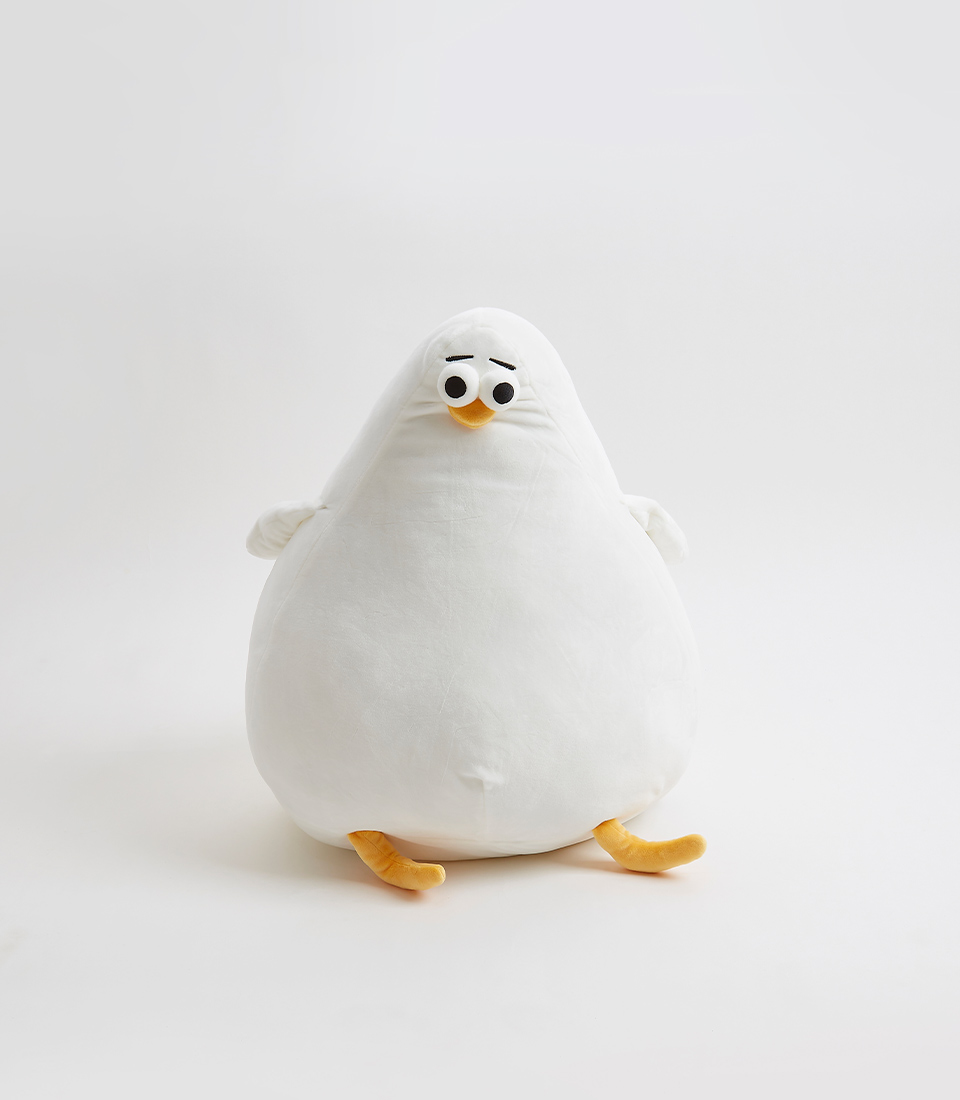 Plush white bird toy with a fluffy body and charming expression, perfect for cuddling and play.