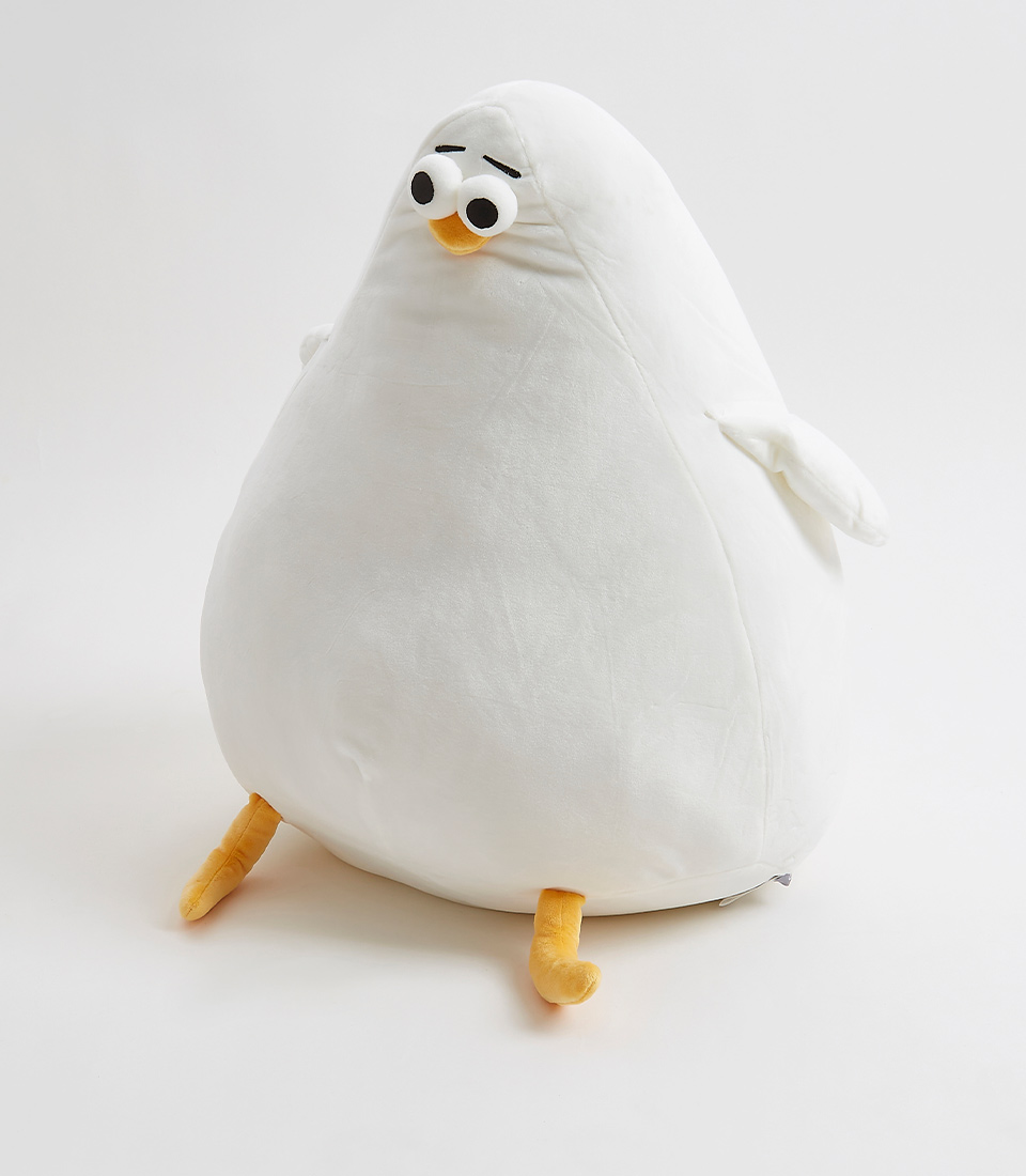 Fluffy white bird plush toy with yellow beak and feet, designed for cuddling and play