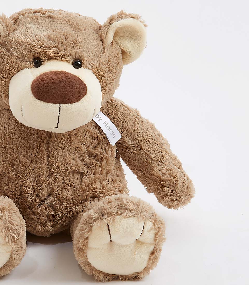 Close-up of a soft and cuddly brown teddy bear plush toy, highlighting its friendly face and fluffy texture
