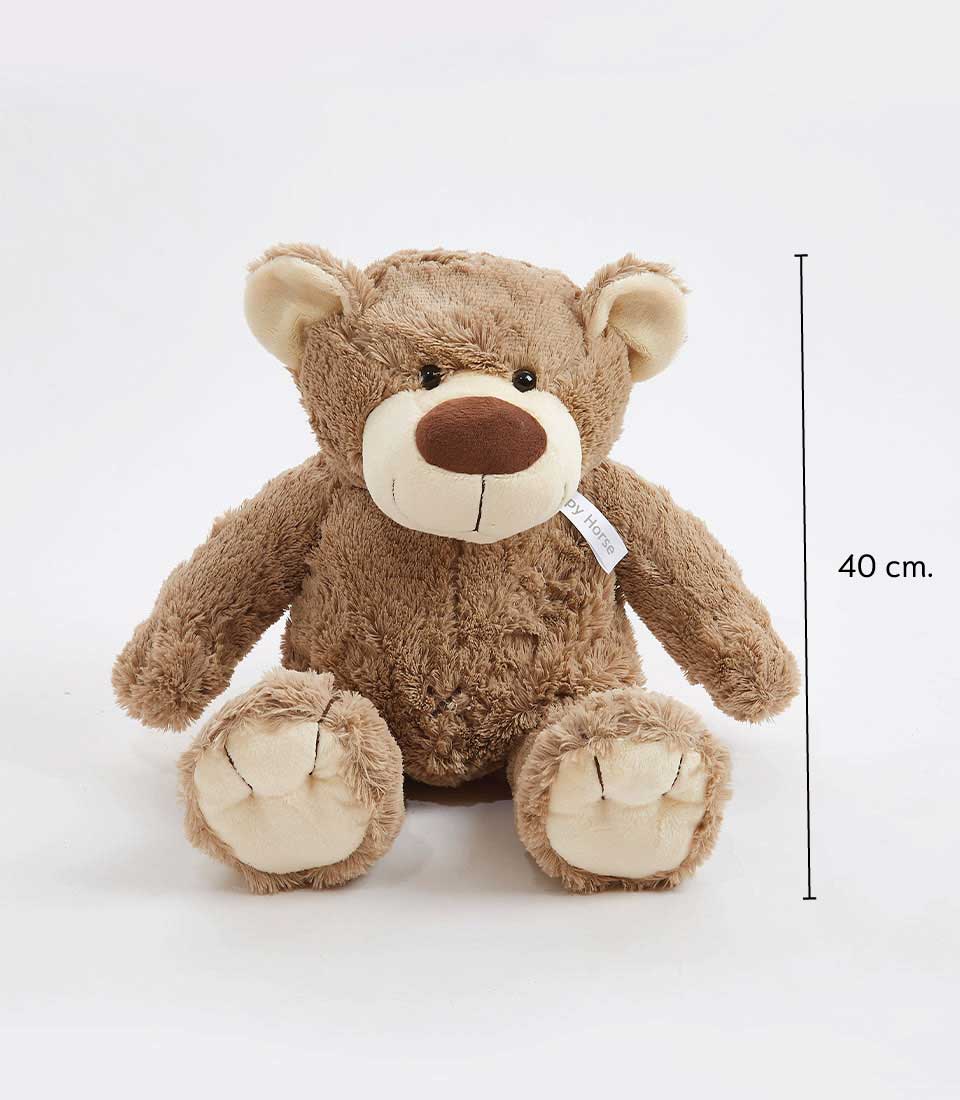 Brown teddy bear plush toy with a large snout, sitting upright, and measuring 40 cm in height